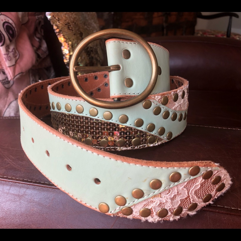 Y2K Genuine leather belt with studs, lace and sequins